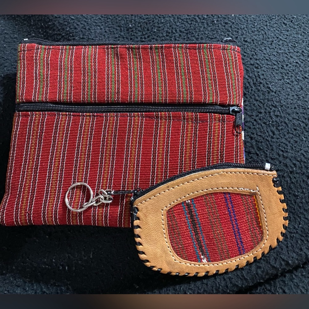 New Handmade Guatemalan Pouch/Cosmetic Bag & Leather Coin Purse Bundle - Picture 2 of 4